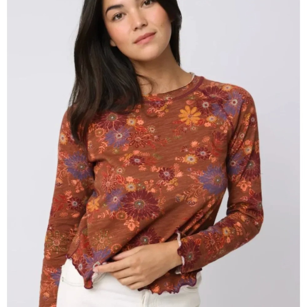 Natural Life Lily Cotton Long Sleeve Top Size S Rust Brown Boho
